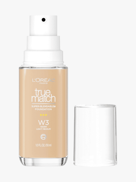 L'Oréal Paris True Match Super Blendable Foundation in branded bottle component on a light gray background